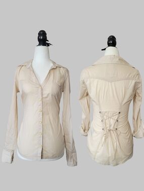 Vintage Guess | Cream Button-Front Shirt With Corset Style Lace Up